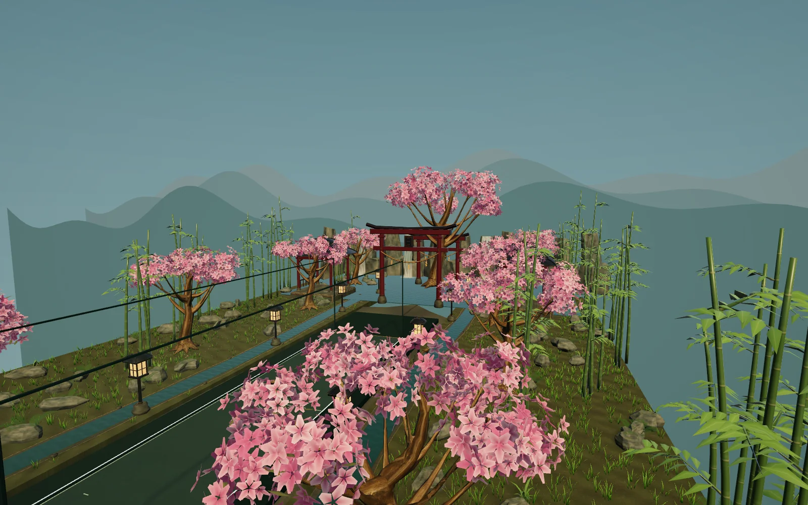 A green court winding between cherry blossoms, bamboo and glowing lanterns in Bamboo Haven.