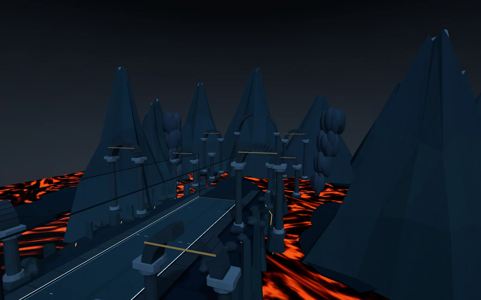 Midnight Ember’s dark court between ruined stone arches and glowing rivers of lava.