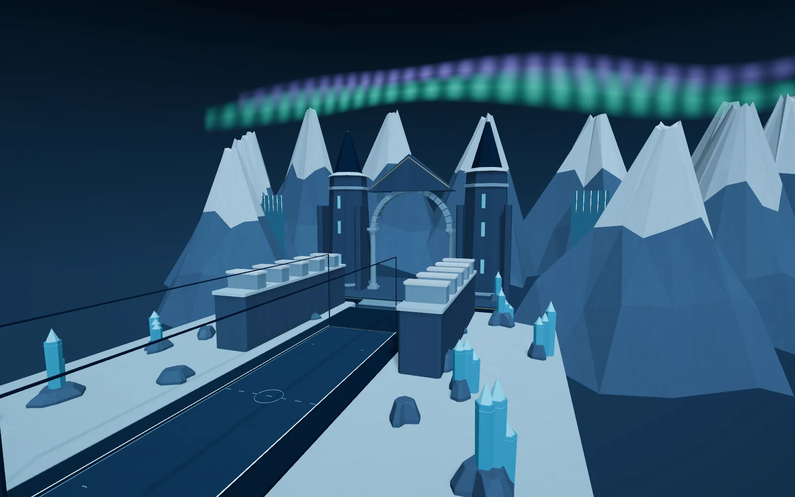 The blue ice court and angular fortress of Frostborn Citadel under an aurora.