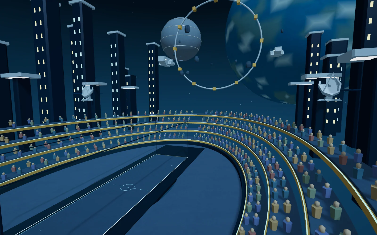 Orbit Nexus, a stadium with curved spectator stands, spacecraft and a giant planet overhead.
