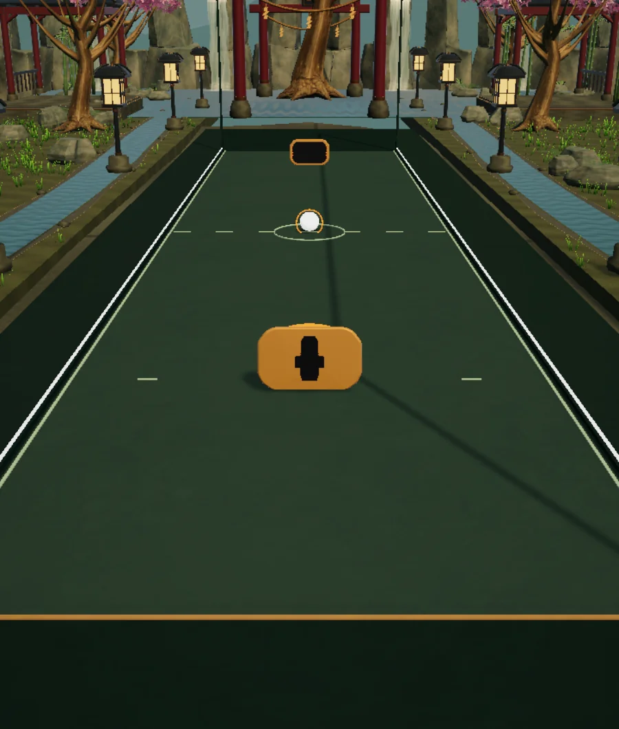 A live Flikkara rally: the white ball approaches the near paddle on Bamboo Haven’s green court.
