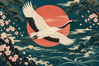 Sakura Crane paddle artwork: a white crane against a red sun and teal waves.
